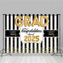 Aperturee - Aperturee Black White Stripe Gold Balloon Congrats Grad Backdrop
