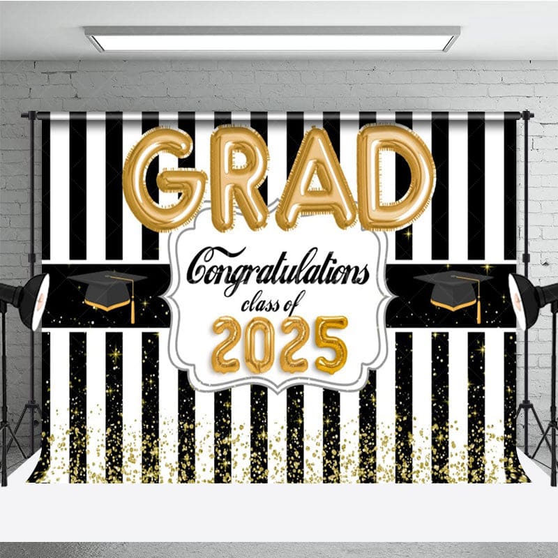 Aperturee - Aperturee Black White Stripe Gold Balloon Congrats Grad Backdrop