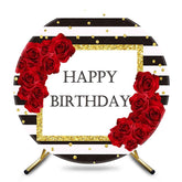 Aperturee - Aperturee Black White Stripe Rose Round Happy Birthday Backdrop