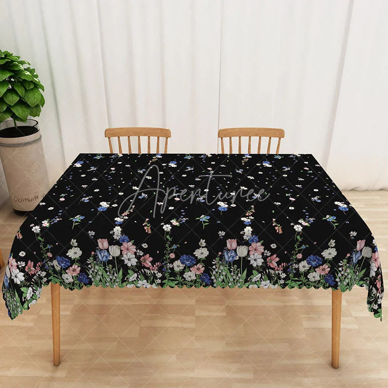 Aperturee - Aperturee Black Wildflower Rectangle Tablecloth Small Ditsy Floral Table Cover Rustic Farmhouse Home Decor