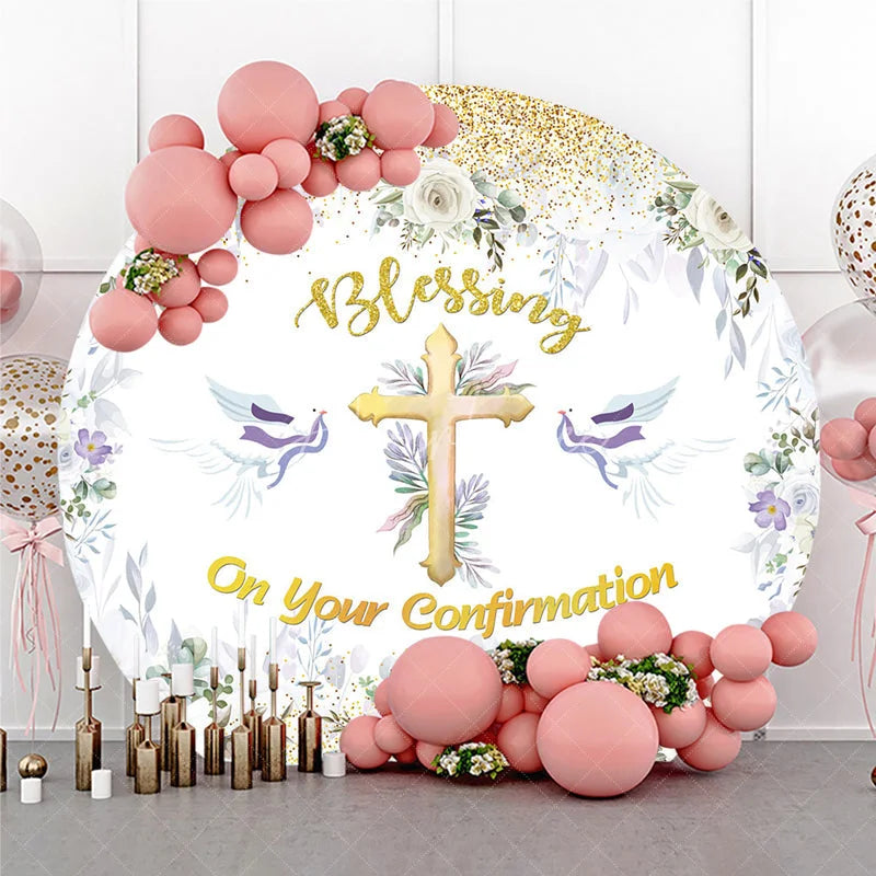 Aperturee - Aperturee Blessing On Your Confirmation Round Backdrop Gold Cross and Doves for Baptism or First Holy Communion Party