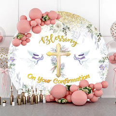 Aperturee - Aperturee Blessing On Your Confirmation Round Backdrop Gold Cross and Doves for Baptism or First Holy Communion Party