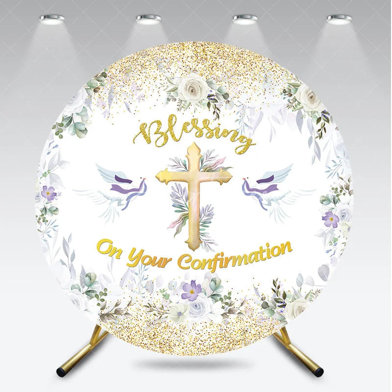 Aperturee - Aperturee Blessing On Your Confirmation Round Backdrop Gold Cross and Doves for Baptism or First Holy Communion Party