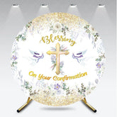 Aperturee - Aperturee Blessing On Your Confirmation Round Backdrop Gold Cross and Doves for Baptism or First Holy Communion Party