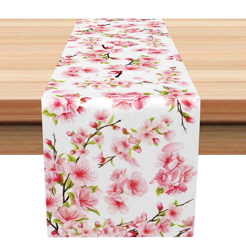 Aperturee - Aperturee Blooming Peach Blossom Spring Table Runner Pink and White Chinese Floral Elegant Dining and Kitchen Decor