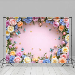 Aperturee - Aperturee Blossom Rose Flower Butterfly Pink Wall Photo Backdrop