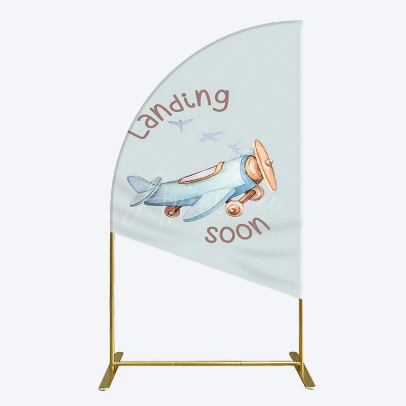 Aperturee - Aperturee Blue Airplane Landing Soon Baby Shower Half Moon Arch Backdrop
