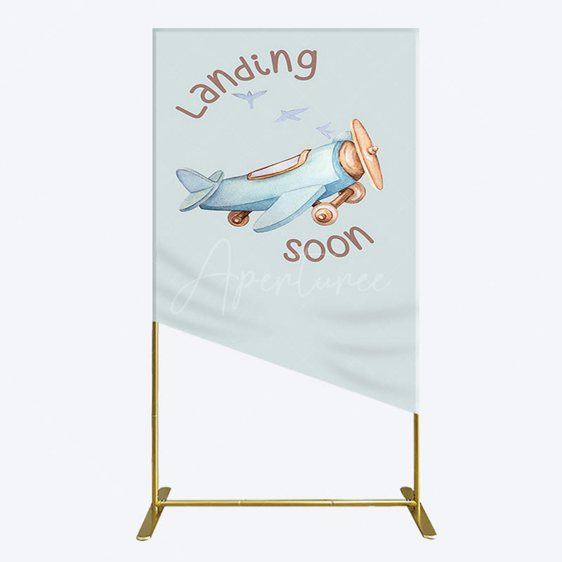 Aperturee - Aperturee Blue Airplane Landing Soon Baby Shower Rectangle Backdrop