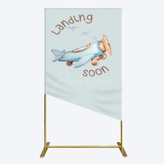 Aperturee - Aperturee Blue Airplane Landing Soon Baby Shower Rectangle Backdrop
