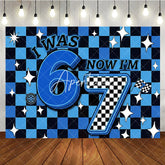 Aperturee - Aperturee Blue and Black Checkered Racing I Was 6 Now I Am 7 Birthday Backdrop Fun Kids Party Decor with Stars