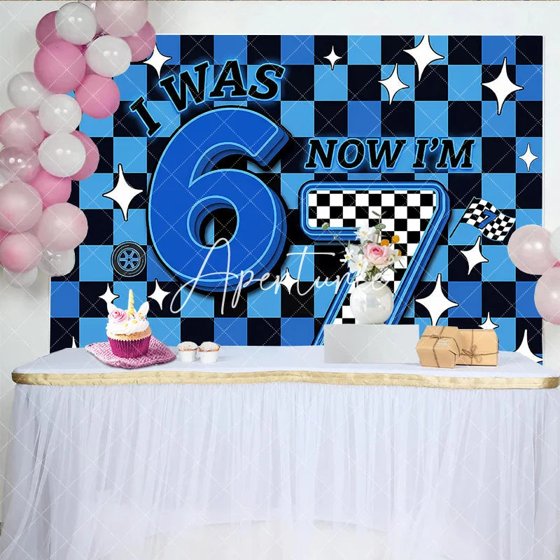 Aperturee - Aperturee Blue and Black Checkered Racing I Was 6 Now I Am 7 Birthday Backdrop Fun Kids Party Decor with Stars