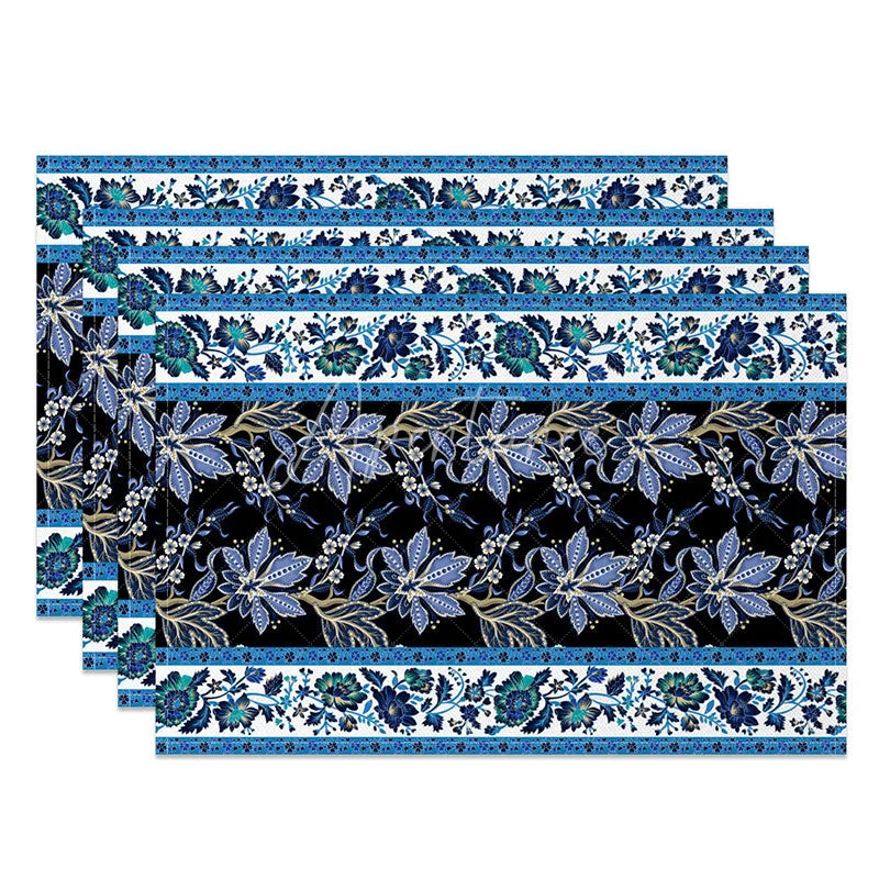 Aperturee - Aperturee Blue and Black Floral Stripe Set of 4 Placemats Vintage Flower Pattern Elegant Dining Table Mats