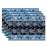 Aperturee - Aperturee Blue and Black Floral Stripe Set of 4 Placemats Vintage Flower Pattern Elegant Dining Table Mats