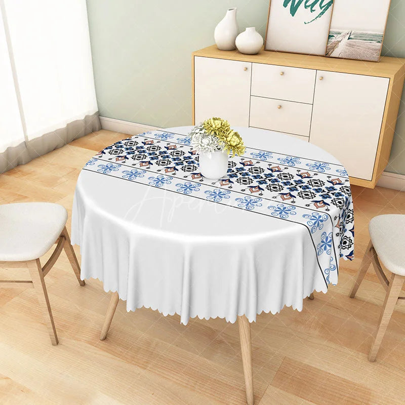 Aperturee - Aperturee Blue and Black Geometric Floral Runner Round Tablecloth Elegant Bohemian Style Table Cover