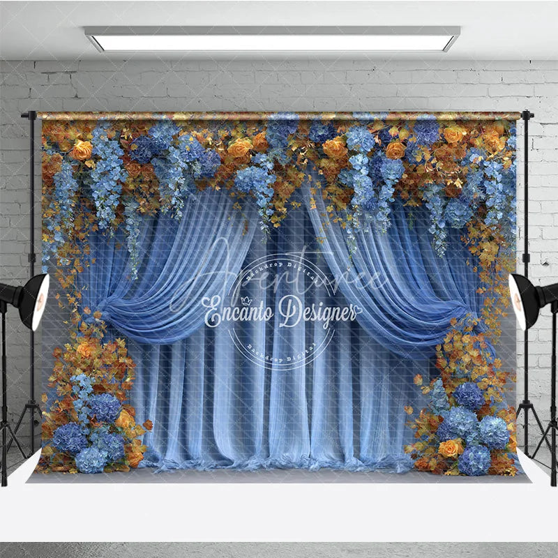Aperturee - Aperturee Blue and Gold Floral Backdrop Wedding Stage Curtains with Orange Roses Elegant Party Photography Background