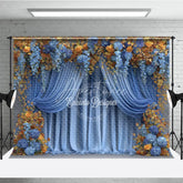 Aperturee - Aperturee Blue and Gold Floral Backdrop Wedding Stage Curtains with Orange Roses Elegant Party Photography Background