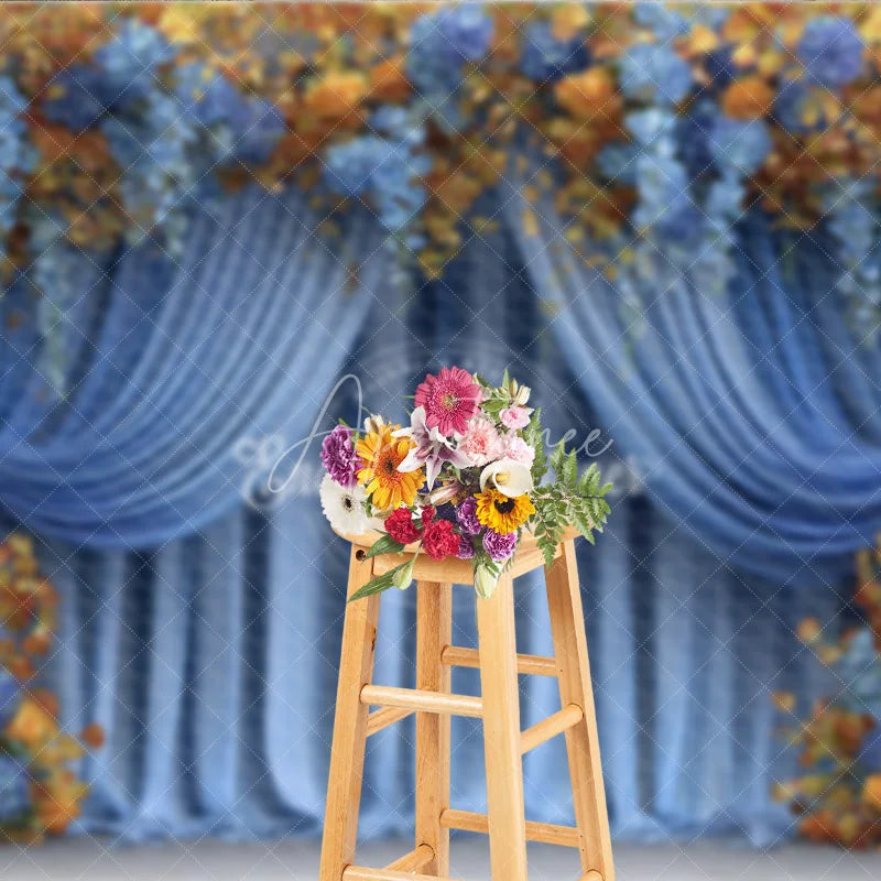 Aperturee - Aperturee Blue and Gold Floral Backdrop Wedding Stage Curtains with Orange Roses Elegant Party Photography Background