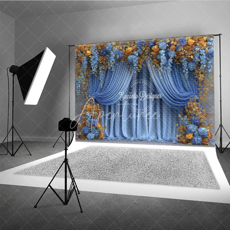 Aperturee - Aperturee Blue and Gold Floral Backdrop Wedding Stage Curtains with Orange Roses Elegant Party Photography Background