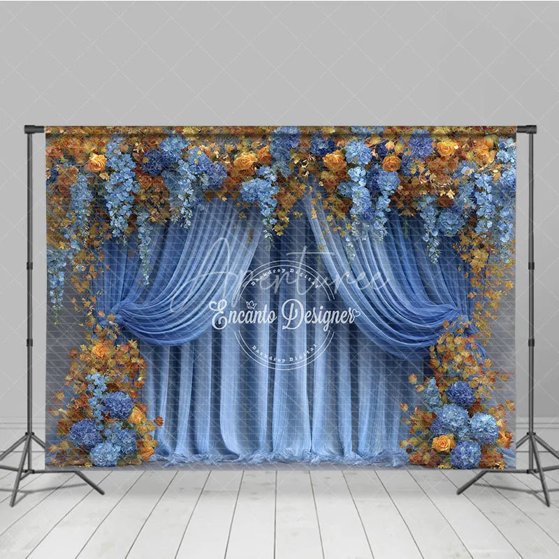 Aperturee - Aperturee Blue and Gold Floral Backdrop Wedding Stage Curtains with Orange Roses Elegant Party Photography Background