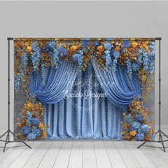 Aperturee - Aperturee Blue and Gold Floral Backdrop Wedding Stage Curtains with Orange Roses Elegant Party Photography Background