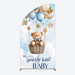Aperturee - Aperturee Blue and Gold Teddy Bear Hot Air Balloon Half Moon Arch Backdrop We Can Bearly Wait Baby Shower Party Decor