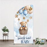 Aperturee - Aperturee Blue and Gold Teddy Bear Hot Air Balloon Half Moon Arch Backdrop We Can Bearly Wait Baby Shower Party Decor