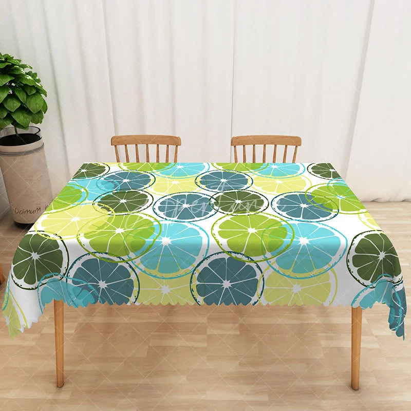 Aperturee - Aperturee Blue and Green Citrus Rectangle Tablecloth Summer Lemon Lime Fruit Table Cover Fresh Kitchen Home Decor