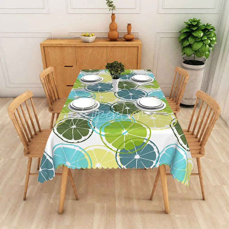 Aperturee - Aperturee Blue and Green Citrus Rectangle Tablecloth Summer Lemon Lime Fruit Table Cover Fresh Kitchen Home Decor
