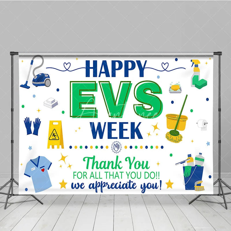 Aperturee - Aperturee Blue and Green Happy EVS Week Appreciation Holiday Backdrop featuring Cleaning Supplies and a Thank You Message