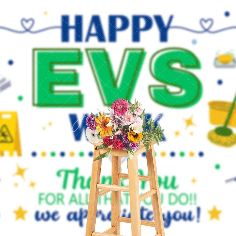 Aperturee - Aperturee Blue and Green Happy EVS Week Appreciation Holiday Backdrop featuring Cleaning Supplies and a Thank You Message