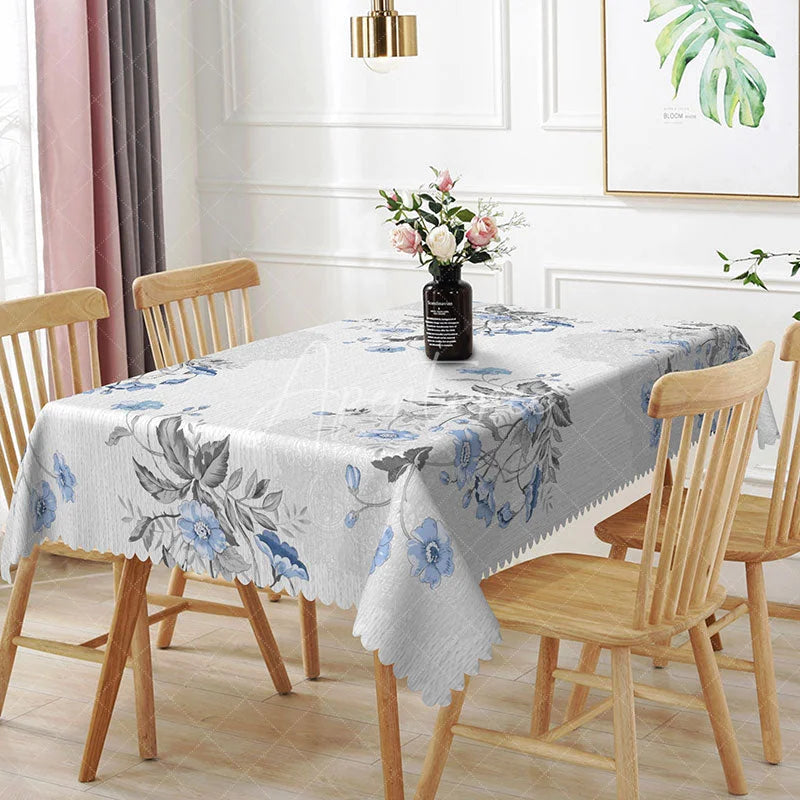 Aperturee - Aperturee Blue and Grey Floral Botanical Rectangle Tablecloth Elegant Vintage Kitchen Dining Table Cover for Spring Summer