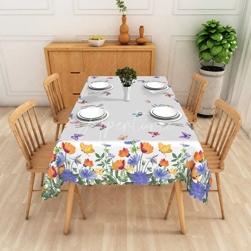 Aperturee - Aperturee Blue and Orange Floral Rectangle Tablecloth Spring Butterfly Garden Table Cover Vibrant Dining Room Decor