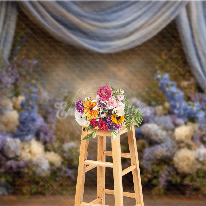 Aperturee - Aperturee Blue and Purple Floral Photography Backdrop with Drapes Hydrangea and Lilac Elegant Maternity or Wedding