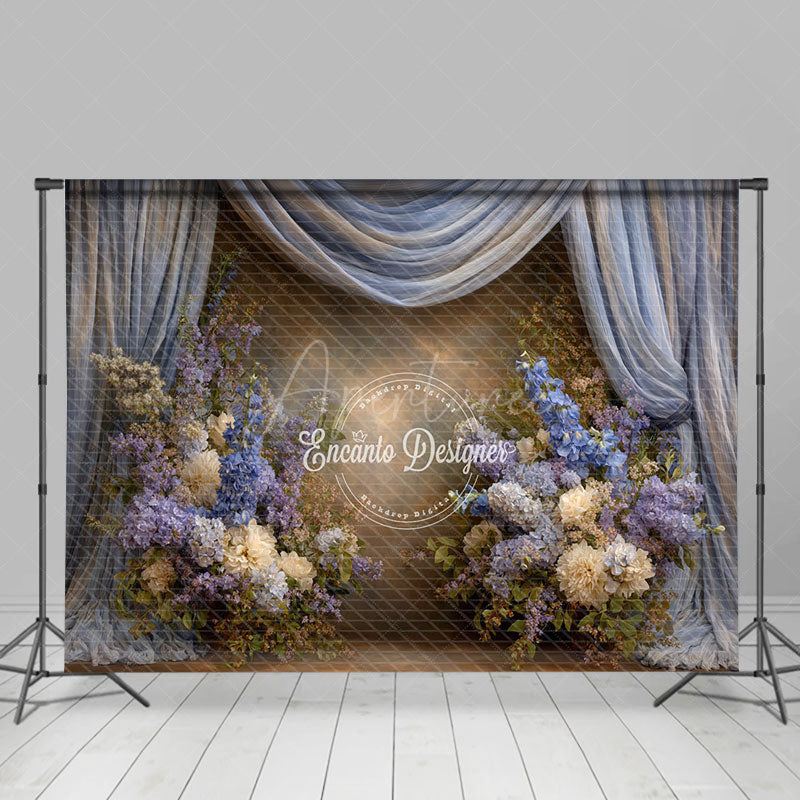 Aperturee - Aperturee Blue and Purple Floral Photography Backdrop with Drapes Hydrangea and Lilac Elegant Maternity or Wedding
