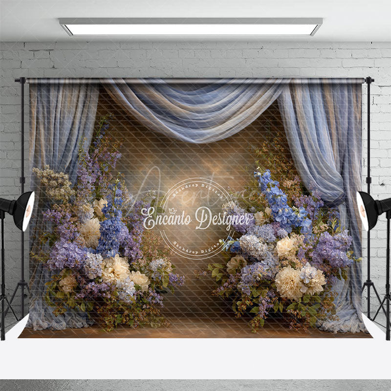 Aperturee - Aperturee Blue and Purple Floral Photography Backdrop with Drapes Hydrangea and Lilac Elegant Maternity or Wedding