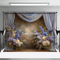Aperturee - Aperturee Blue and Purple Floral Photography Backdrop with Drapes Hydrangea and Lilac Elegant Maternity or Wedding