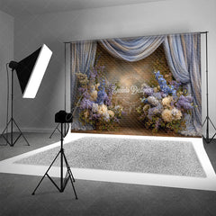 Aperturee - Aperturee Blue and Purple Floral Photography Backdrop with Drapes Hydrangea and Lilac Elegant Maternity or Wedding