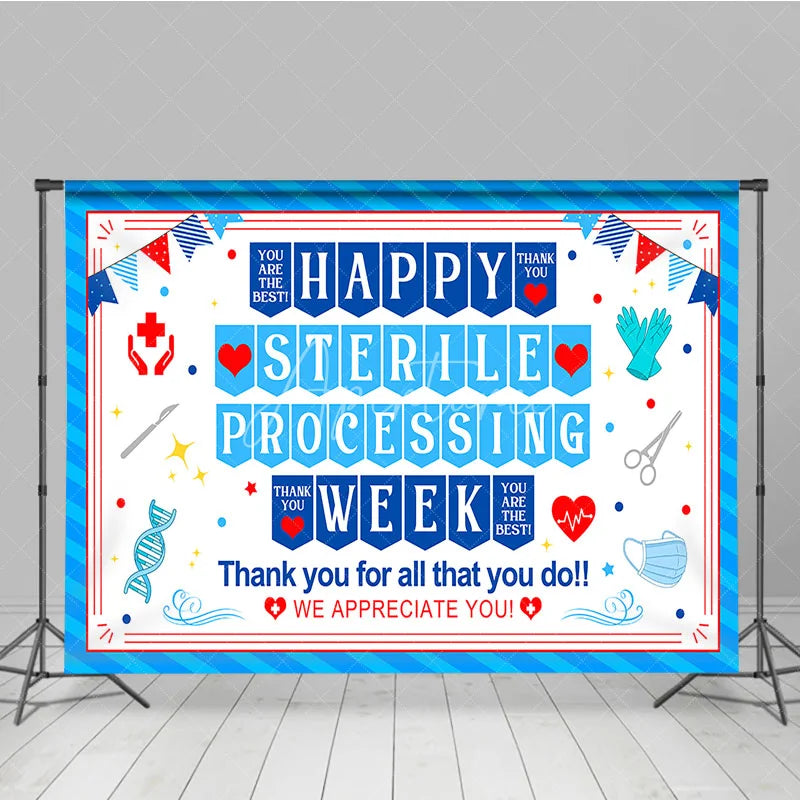 Aperturee - Aperturee Blue and Red Happy Sterile Processing Week Holiday Backdrop Medical Healthcare Appreciation Event Decor