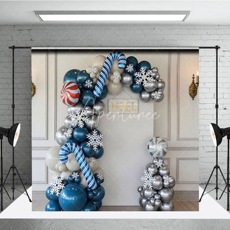 Aperturee - Aperturee Blue and Silver Balloon Arch Backdrop Candy Cane Snowflake Background Winter Wonderland Christmas Party Decoration