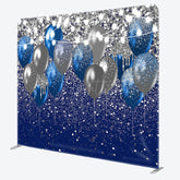 Aperturee - Aperturee Blue and Silver Balloons Square Tension Backdrop Glitter Birthday or Graduation Party Elegant Celebration Decor