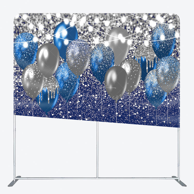 Aperturee - Aperturee Blue and Silver Balloons Square Tension Backdrop Glitter Birthday or Graduation Party Elegant Celebration Decor