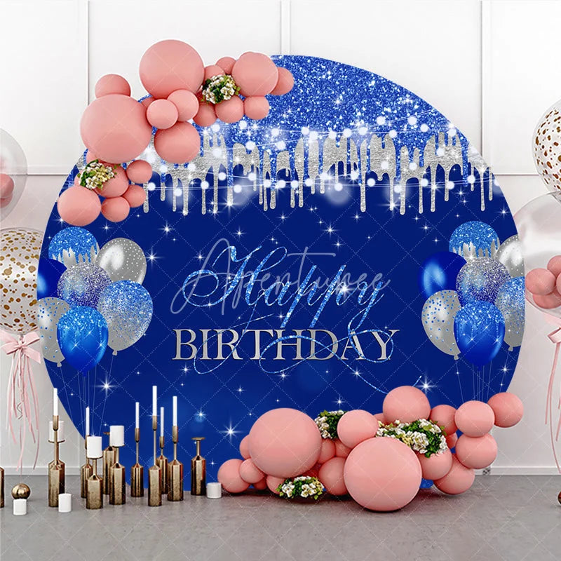 Aperturee - Aperturee Blue and Silver Happy Birthday Round Backdrop Balloon Glitter Drip Party