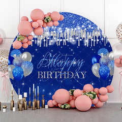 Aperturee - Aperturee Blue and Silver Happy Birthday Round Backdrop Balloon Glitter Drip Party