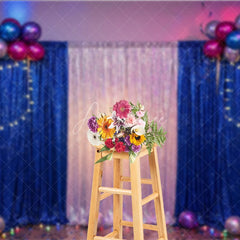 Aperturee - Aperturee Blue and Silver Sequin Photography Backdrop with Balloon Arch and String Lights Glamorous Party Decoration