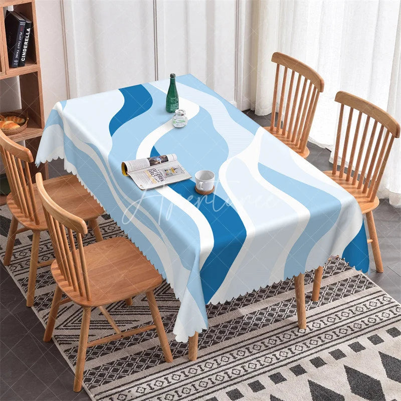 Aperturee - Aperturee Blue and White Abstract Wavy Rectangle Tablecloth Modern Flowing Design for Elegant Party Decor and Home.