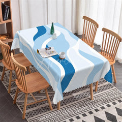 Aperturee - Aperturee Blue and White Abstract Wavy Rectangle Tablecloth Modern Flowing Design for Elegant Party Decor and Home.