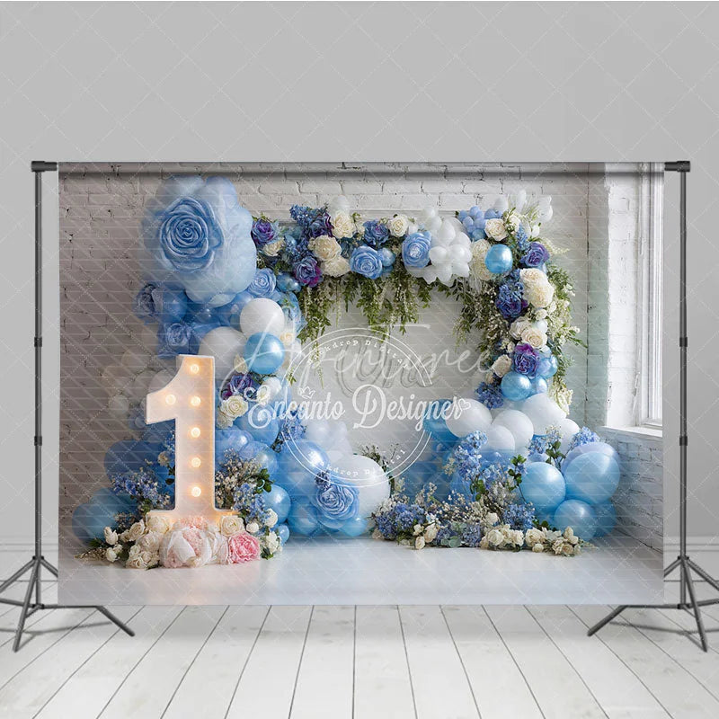 Aperturee - Aperturee Blue and White Balloons First Birthday Photography Backdrop Elegant Floral Arch Baby Shower Decor