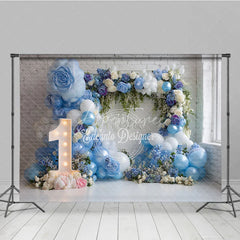 Aperturee - Aperturee Blue and White Balloons First Birthday Photography Backdrop Elegant Floral Arch Baby Shower Decor