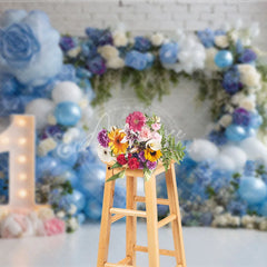 Aperturee - Aperturee Blue and White Balloons First Birthday Photography Backdrop Elegant Floral Arch Baby Shower Decor