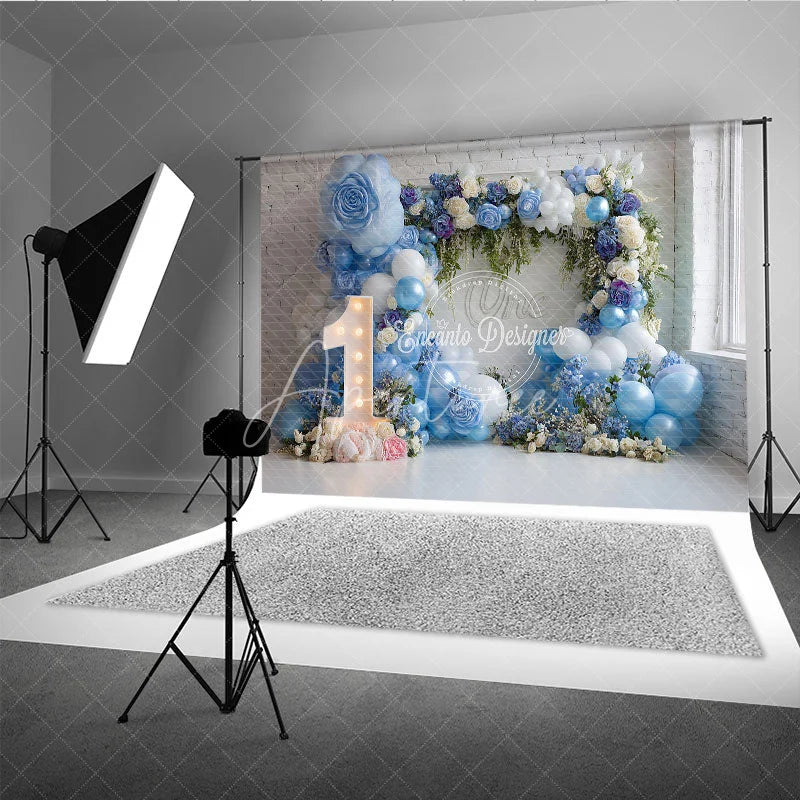 Aperturee - Aperturee Blue and White Balloons First Birthday Photography Backdrop Elegant Floral Arch Baby Shower Decor